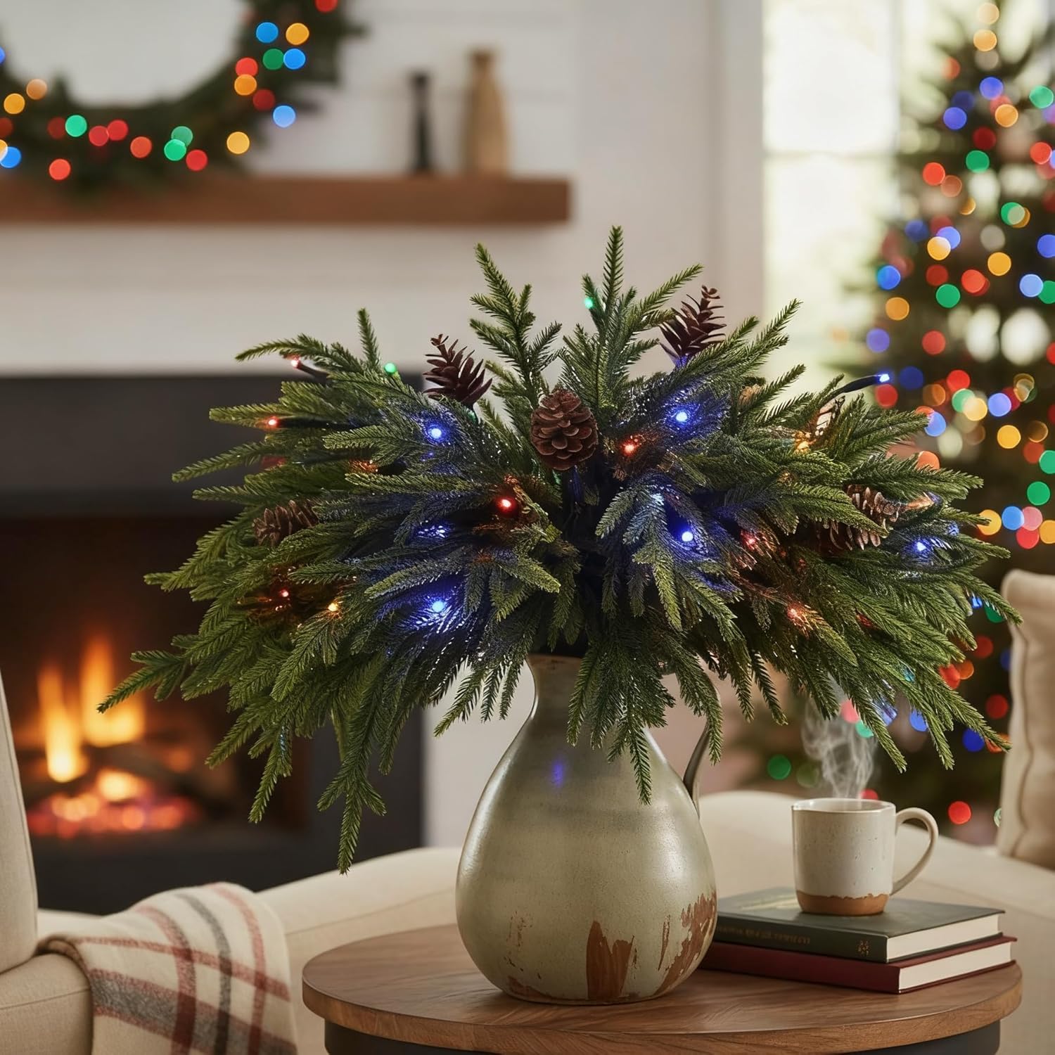 12 Pcs Christmas Lighted Norfolk Pine Stems 18 Inch with Lights & Pine Cones, Prelit Pine Branches, Picks for Vase, Fireplace Mantel Decor, Holiday Centerpieces & Indoor Decorations, Filler